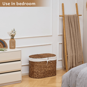 Panier à linge ovale en jacinthe d'eau naturelle tressée avec couvercle - Product Image 6