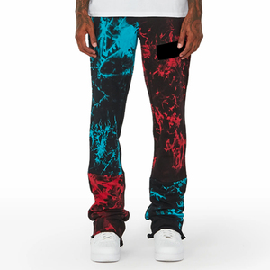 High Streetwear Men Color Block Stacked <b>Joggers</b> Cream <b>Black</b> Flare Leg Fleece Sweatpants - Product Image 4