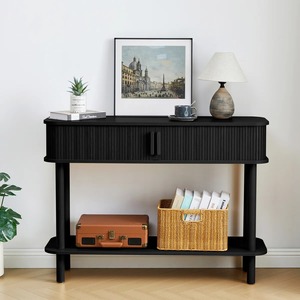 Contemporary Modern Iron Ribbed Sofa Table with Matte Black Finish Storage <b>Drawers</b> and Open Display Rack - Product Image 2