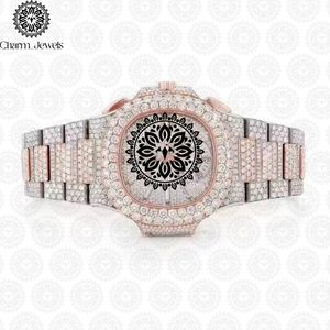 Montre de luxe pour homme Charm Jewels en acier inoxydable, boîtier carré serti de diamants, mouvement mécanique, bracelet en cristal saphir 40 mm - Product Image 1