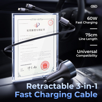 LISEN pengisi daya mobil 60W 3 in 1, adaptor pengisi daya telepon kabel dapat ditarik ganda dengan lampu LED untuk iPhone 15 16 Samsung