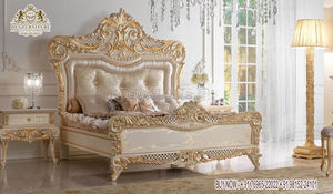 Cama de madera de teca de estilo francés con taburetes laterales, cama tallada a mano de estilo europeo con mesa lateral, muebles de dormitorio con acabado dorado - Product Image 4