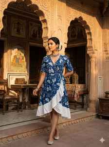 Robe d'été en coton à imprimé floral bleu fait main, à volants, col en V, style ethnique bohème, tenue artisanale indienne pour femme - Product Image 4