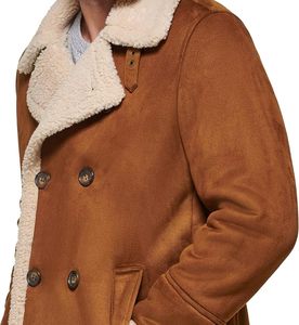 Veste en cuir suédé marron pour homme avec doublure en sherpa, col rabattable, double boutonnage, coupe-vent, manteau d'hiver, style décontracté - Product Image 4