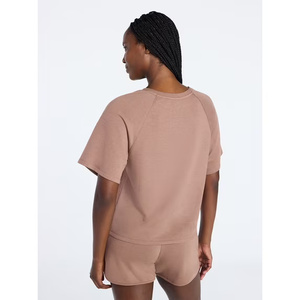 Ensemble short 2 pièces en tricot marron pour femme, col rond, manches courtes, coupe ample, décontracté, toutes saisons - Product Image 2
