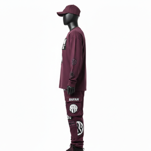 Ensemble survêtement homme en molleton de coton doux 240 GSM, t-shirt et pantalon, couleur bordeaux, logo personnalisé imprimé, 2 pièces - Product Image 3