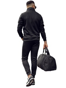 Ensemble de survêtement sportif pour homme noir avec rayures rouges et blanches, sweat à capuche entièrement zippé et poches latérales, en polyester respirant, idéal pour l'automne - Product Image 2