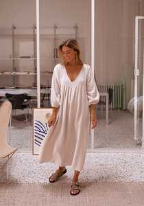 Vestido Maxi de Gasa de Algodón Blanco para Mujer, Cuello en V, Manga Larga, Corte Holgado, Informal, para Playa o Verano - Product Image 4