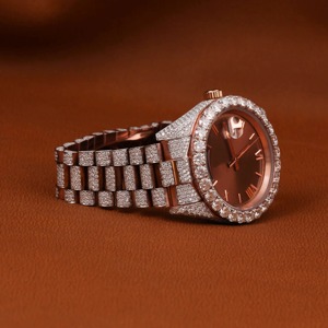 Luxury VVS Moissanite Diamond Water Resistant Glass Watch Rose Gold Fully Iced Case Brown for Calendar Three Piece Link - Product Image 2