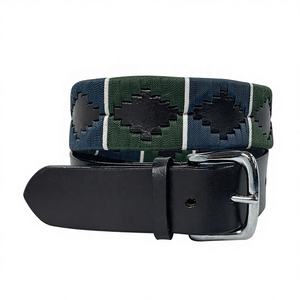 Cinturón de cuero negro Argentina Polo cosido a mano con hilo de color verde/azul y hebilla de acero inoxidable. - Product Image 1