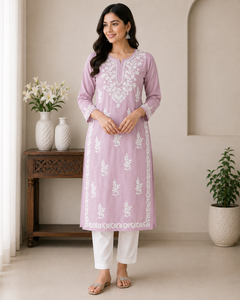 Elegant Lavender Hand Embroidered Lucknowi <b>Chikankari</b> Straight <b>Kurti</b> - Premium Cotton Ethnic Tunic Top for Women - Product Image 4