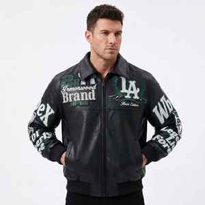 Chaqueta Bomber de Cuero con Bordado de Pedrería de Edición Limitada Personalizada con Diseño de Ciudades de EE. UU., Chaqueta de Hombre con Apliques de Piel de Oveja OEM, Venta al por Mayor - Product Image 2