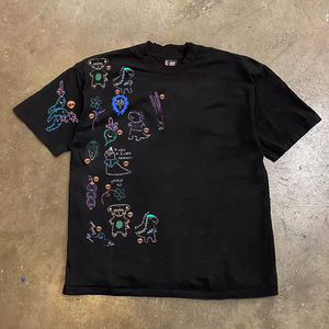 Nueva Camiseta de Algodón Puro de 200g con Estampado de Dibujos Animados Retro Americanos, Manga Corta, Diseño de Punto Holgado e Informal, Suave, para Parejas, 100% Algodón - Product Image 3