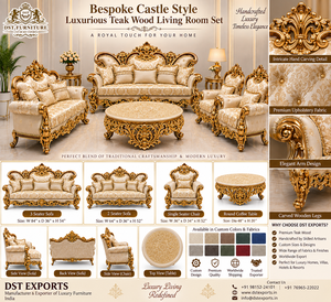 Juego de Sala de Estar de Madera de Teca de Lujo Estilo Castillo, Tallado a Mano, Sofá y Sillón Maharaja con Detalles en Oro - Product Image 6