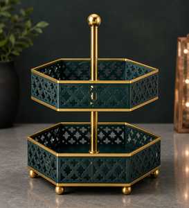 Support à gâteau rond à deux niveaux en acier inoxydable écologique, vert et or, présentoir de luxe pour desserts, comptoir de cuisine - Product Image 3
