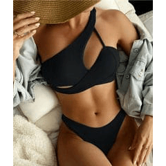 The set is most accurately called a One Shoulder Cut Out Ribbed <b>Bikini</b> Set or an Asymmetrical Wrap <b>Bikini</b> - Product Image 4