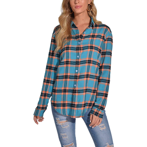 Chemise en flanelle décontractée à manches longues pour femme, coupe ajustée, unie, boutonnée, 100 % coton, manches larges, service OEM – Grande Vente - Product Image 1
