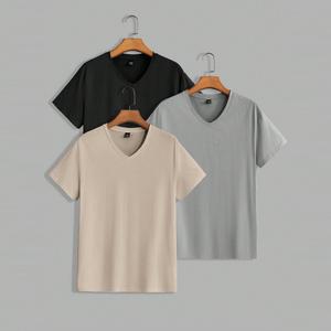 T-shirt décontracté à manches courtes en twill pour homme, style européen et américain, col en V, couleur unie, grande taille, 180 grammes, coupe ample, anti-boulochage, 3D - Product Image 6