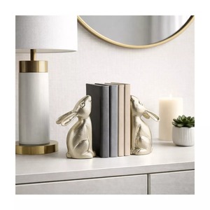 Porte-livres en forme de lapin plaqué or, sculpture décorative en métal, accessoire de bureau à domicile, style contemporain, 2 pièces - Product Image 5
