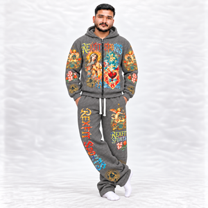 Ensemble de survêtement gris à imprimé graphique unisexe, sweat à capuche zippé et pantalon large, étiquette personnalisée, streetwear coloré, vente en gros - Product Image 5