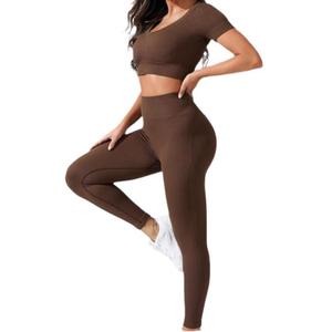 Conjunto de Yoga Sólido con Cuello en V, Sin Mangas, Leggings de Cintura Alta, Elásticos, Resistentes a las Arrugas y Transpirables - Product Image 3