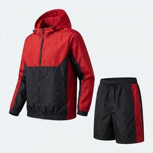 Ensemble de survêtement pour homme, veste à capuche et short, couleurs rouge et noir, style sportif, été, séchage rapide, polyester, 2 pièces - Product Image 3
