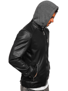 Men's Black PU <b>Leather</b> Hooded Moto <b>Jacket</b> with Zipper Closure and Side Pockets Autumn Windproof Style - Product Image 4