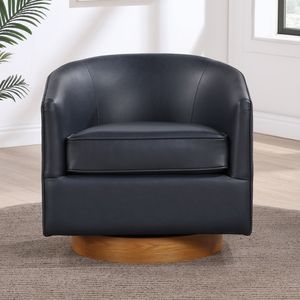 Maisy Midnight Blue Faux Leather <b>Barrel</b> Swivel <b>Chair</b> with Wood Base for Living Room - Product Image 4