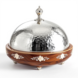 Plato de frotamiento de acero inoxidable decorativo, cazuela redonda de gama alta con toque de madera para eventos, hoteles y restaurantes elegantes - Product Image 5