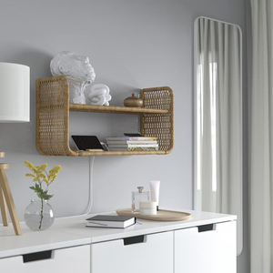 Estante de pared de ratán natural de 2 niveles, estantes flotantes de bambú tejido, estante decorativo de pared para dormitorio, mesita de noche, soporte para cargador de teléfono. - Product Image 3