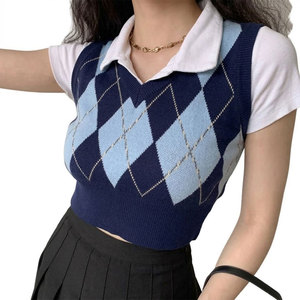 Color Contrast Tank-<b>Top</b> Argyle Basic Tank <b>Top</b> V-neck Slim-fit Sweater Vest - Product Image 1