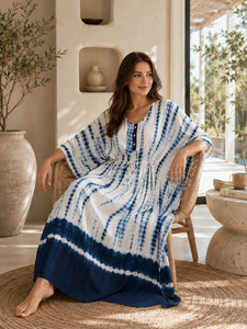 Women Blue Tie Dye Cotton <b>Kaftan</b> Maxi Dress Natural Waist <b>Beach</b> Cover Button Front Party Wear Eco-Friendly Bohemian Robe - Product Image 4