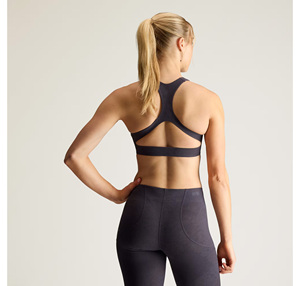 Soutien-gorge de sport sans coutures respirant pour femme, dos nageur, col rond, maintien moyen, yoga, couleur unie gris foncé, logo frontal, Spandex Nylon - Product Image 2