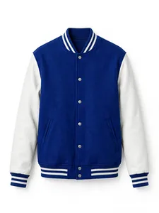 Chaqueta Varsity de Béisbol Personalizada para Hombre, Fabricada a Medida, en Cuero Azul con Detalles Blancos, Estilo Clásico, Totalmente OEM - Product Image 1