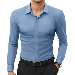 Chemises habillées en coton pour hommes, unies, à manches longues, extensibles, infroissables, formelles, décontractées, boutonnées, col montant, 140g - Product Image 1