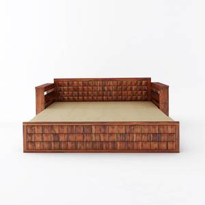 Solid Sheesham Wood Traditional Convertible <b>Sofa</b> <b>Bed</b> with Foldable Design Fabric Upholstery and Foam Filling Carved Panel - Product Image 3