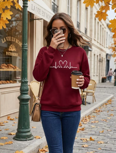 <b>Women's</b> <b>Burgundy</b> Crew Neck Sweatshirt Drop Shoulder Long Sleeve Heartbeat Print Casual Pullover Autumn <b>Top</b> - Product Image 6