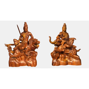 Handmade Sandalwood <b>Statue</b> of Bodhisattva Samantabhadra Feng Shui Design Portrait Pattern Tabletop <b>Religious</b> Home Office Decor - Product Image 1