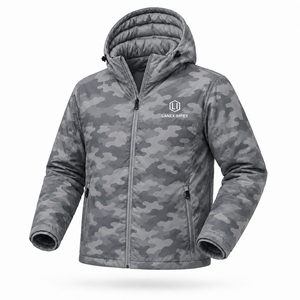 Veste matelassée à capuche camouflage gris pour homme, imperméable, coupe-vent, isolante thermiquement, pour l'hiver, la randonnée en plein air, décontractée, fermeture éclair intégrale - Product Image 1