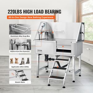 Professional 38\" Stainless Steel <b>Dog</b> Grooming Tub <b>Bathing</b> Station with Ramp Storage Drawer Floor Grate Faucet B - Product Image 3