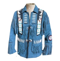 Vestes en cuir suédé bleu pour hommes, nouveau design, style western, avec franges perlées, manteau de cowboy, style ranch, vintage, frontier, rodeo, prix bas