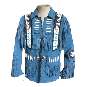 Mens Blue <b>Suede</b> Leather <b>Jackets</b> New Design Western Shirt <b>Jacket</b> Beaded <b>Fringe</b> Cowboy Ranch Coat Vintage Frontier Rodeo Low Price - Product Image 1