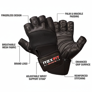 Rexfit Half <b>Finger</b> Gym Gloves Black Mesh Breathable Non Slip Adjustable Wrist <b>Strap</b> Hook Loop Closure Weight Lifting Sportswear - Product Image 3