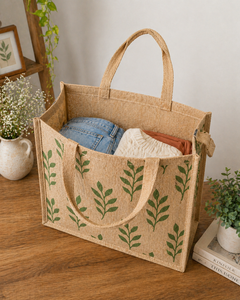 Sac fourre-tout surdimensionné en jute naturel avec imprimé feuilles, écologique, réutilisable pour les courses et polyvalent, fermeture ouverte - Product Image 3