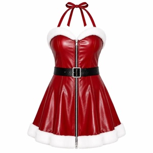 Red Wool/Silk Embroidered Casual Halter <b>Dress</b> with <b>White</b> <b>Fur</b> Trim Front Sleeveless Long Autumn Sexy Club Style - Product Image 1