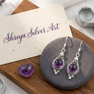 Vintage Style <b>Silver</b> Plated 925 Sterling <b>Silver</b> Oval Boho <b>Dangle</b> <b>Earrings</b> IGI Certified Bezel Set for Women Gift - Product Image 1