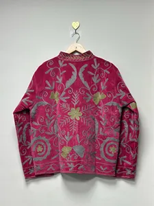 Boho Purple <b>Velvet</b> Suzani <b>Jacket</b> with Floral Embroidery Full Sleeve Stand Collar <b>Women's</b> Winter Outerwear - Product Image 5