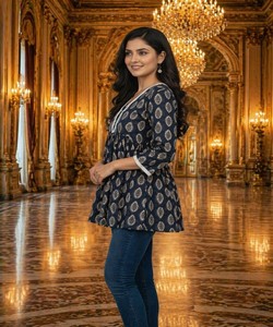 NEW ARRIVAL COTTON PRINTED WITH LACE WORK ONLY <b>TOP</b> DAILY WEAR WHOLESALE PRICE ETHNIC GARMENT NAVY BLUE - Product Image 3