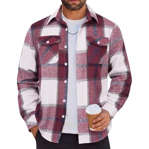 Custom <b>Burgundy</b> Rose Plaid Casual Shacket <b>Men's</b> Polyester Flannel Relaxed <b>Shirt</b> Jacket Styling Button Front Checked Wear - Product Image 2