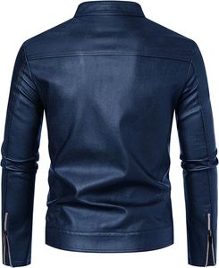 Men's Navy Blue Genuine <b>Leather</b> <b>Jacket</b> Moto Biker Style Stand Collar Zipper Closure Slim Fit Regular Sleeve Solid Color Autumn - Product Image 3